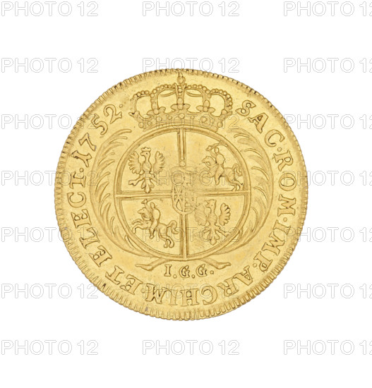 Crown ducat, Johan Georg Goedecke (mintmaster), 1752 (1750–1753), Augustus III the Saxon (King of Poland; Elector of Saxony; 1696–1763). Obverse: Crowned bust facing right, legend DGAUGUSTUS III. REX POLONIARUM. Reverse: Under a crown a five-field shield with the Polish, Lithuanian, and Saxon coats of arms; at the bottom the letters IGG. Inscription: SAC.ROM. IMP.ARCHIM. ET ELECT. Diameter 21 mm, weight 3.48 g. Produced in Leipzig, Poland, 1752.