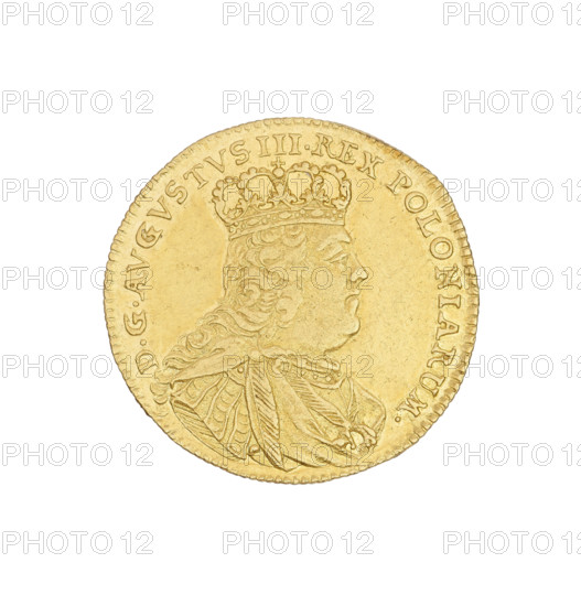 Crown Half-Augustusdor, Augustus III Saxony (King of Poland; 1733–1763), Goedecke, Johan Georg (1750–1753), Augustus III Saxony (King of Poland; Elector of Saxony; 1696–1763), thaler, Obv.: Crowned bust of the king in right profile, legend: DGAUGUSTUS III.REX POLONIARUM. Reverse: Under the crown a five-field shield with the Polish, Lithuanian and Saxon coats of arms; below the shield the letter G, below Z1/2TH. Inscription: SAC.ROM.IMP.ARCHIM. ET ELECT. 1753. Date: 1753. Coin (Poland), diameter 20 mm, weight 3.33 g.