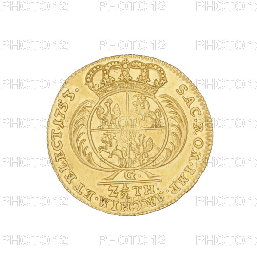 Crown Half-Augustusdor, Augustus III Saxony (King of Poland; 1733–1763), Goedecke, Johan Georg (1750–1753), Augustus III Saxony (King of Poland; Elector of Saxony; 1696–1763), thaler, Leipzig (Germany), Polish coins, crowns. Obv.: Crowned bust of the king in right profile, legend: D·G·AUGUSTUS·III·REX·POLONIARUM. Reverse: Under the crown a five-field shield with the Polish, Lithuanian and Saxon coats of arms; below the shield the letter G, below Z 1/2 TH. Inscription: SAC.ROM.IMP.ARCHIM. ET ELECT. 1753. Date: 1753. Material: coin; diameter 20 mm; weight 3.33 g.