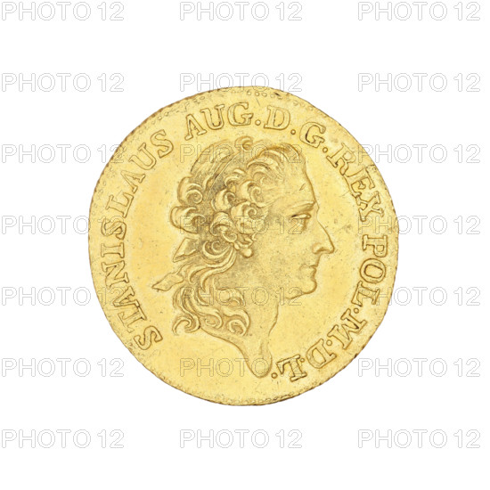 Crown ducat, Stanislaw August Poniatowski (King of Poland; 1764–1795), Stanislaw August Poniatowski (King of Poland; 1732–1798). Obverse: Head of the king in right profile, legend: STANISLAUS AUG.DGREX.POL.MDL. Reverse: In the laurel wreath inscription: AUREUS/NUMMUS/POLONIAE/ANNO/1795 with letters M.-V. at the bottom. 1795. Coin (Poland), Warsaw; diameter 21 mm, weight 3.48 g.