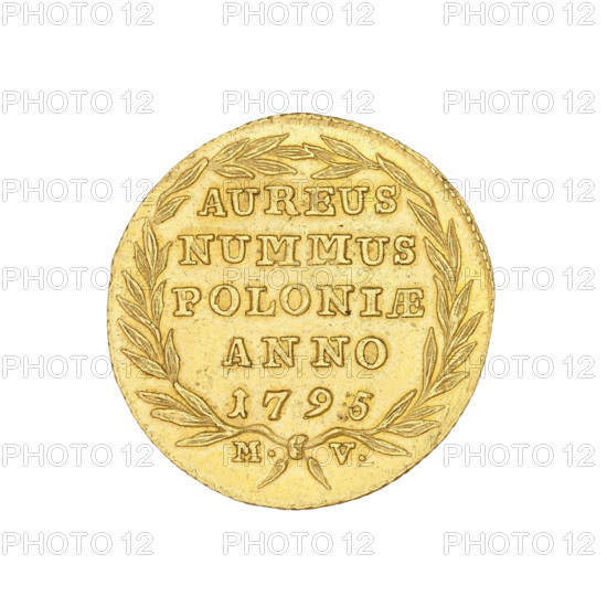 Crown ducat, Stanislaw August Poniatowski (King of Poland; 1764–1795), Stanislaw August Poniatowski (King of Poland; 1732–1798). Obverse: Head of the king in right profile, legend: STANISLAUS AUG.DGREX.POL.MDL. Reverse: In a laurel wreath inscription: AUREUS/NUMMUS/POLONIAE/ANNO/1795, with letters M.-V. at the bottom. 1795, Warsaw, Poland. Coin; diameter 21 mm; weight 3.48 g.