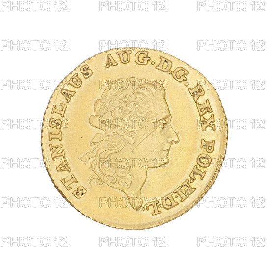 One and a half Crown ducat, Stanislaw August Poniatowski (King of Poland; 1764–1795 / 1732–1798). Obverse: head of the king in right profile, legend 'STANISLAUS AUD. DGREX POL, MDL'. Reverse: under a crown, two oval coats of arms (Poland and Lithuania) and the Ciolek coat of arms; at bottom the face value numeral '1 1/2', and around the inscription 'AUREUS 1794 POLONIAE'. 1794. Coin; diameter 22.4 mm; weight 6.14 g. Poland, Warsaw.