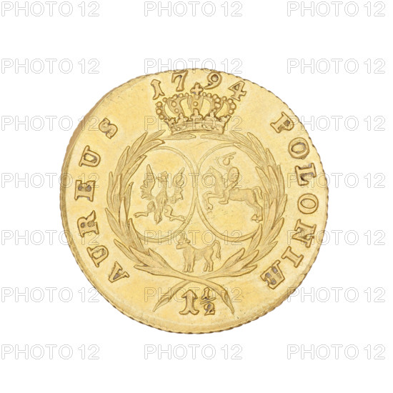 One and a half Crown ducat, Stanislaw August Poniatowski (King of Poland; reign 1764–1795; b. 1732–d. 1798). Obverse: Head of the king in right profile, legend 'STANISLAUS AUD. DGREX POL, MDL'. Reverse: Under the crown, two oval coats of arms (Poland and Lithuania) and the Ciolek coat of arms; at the bottom the face value numeral '1 1/2', and around the inscription 'AUREUS 1794 POLONIAE'. Date: 1794. Place: Warsaw, Poland. Coin; diameter 22.4 mm; weight 6.14 g.