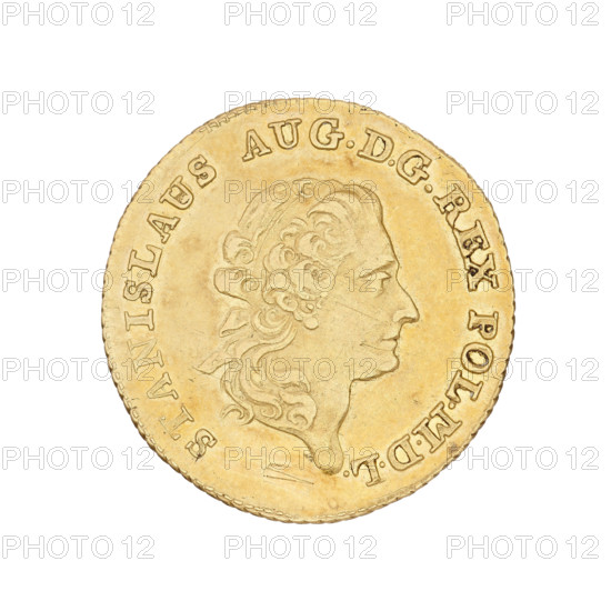 One and a half Crown ducat, Stanislaw August Poniatowski (King of Poland; 1764–1795 / 1732–1798), Obverse: head of the king in right profile, legend 'STANISLAUS AUG. D G REX POL. MDL'; Reverse: under a crown, two coats of arms (Poland and Lithuania) and the Ciolek coat of arms, face value numeral '1 1/2' at the bottom, inscription around 'AUREUS 1794 POLONIAE', dated 1794, coin, weight 6.15 g