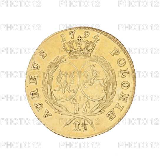One and a half Crown ducats, Stanislaw August Poniatowski (King of Poland; r. 1764–1795), 1794. Obverse: Head of the king in right profile, legend 'STANISLAUS AUG. D G REX POL. MDL'. Reverse: Under a crown, two coats of arms (of Poland and Lithuania) and the Ciolek coat of arms; at the bottom the face value numeral '1 1/2', inscription around 'AUREUS 1794 POLONIAE'. Coin, Warsaw (Masovian Voivodeship), Poland; weight 6.15 g.