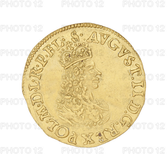 Gdansk ducat, August II the Strong (king of Poland; 1670–1733; reigns 1697–1706, 1709–1733). Obverse: bust of the king with a crown in right profile, legend: AUGUST.II. DGREX POL.MDLRPEL.S. Reverse: coat of arms of the city of Gdansk, inscription around the rim: MON.AUREA CIVITAT.GEDAN.1698, divided at the top by a wreath with three flowers. 1698. Poland, Gdansk. Coin; diameter 24.5 mm; weight 3.41 g.