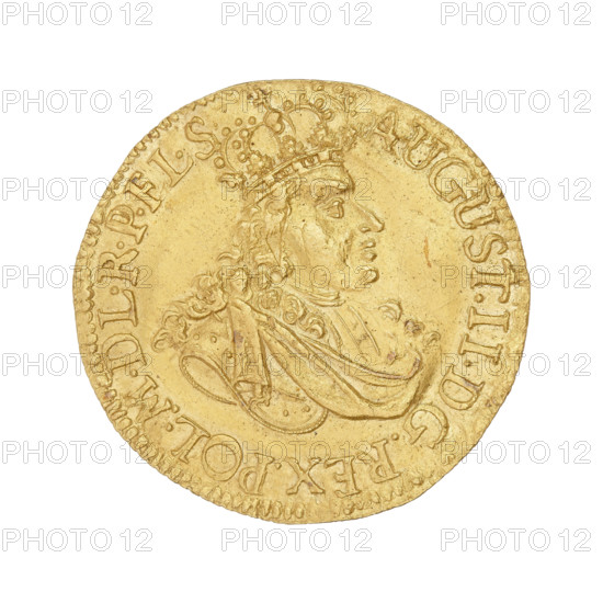 Torun ducat, August II the Strong (King of Poland; 1697–1706, 1709–1733), August II the Strong (1670–1733). Obv.: Crowned bust of the king facing right. Legend: AUGUST. II. DGREX.POL.MDLRPEL.S. Rev.: coat of arms of the city of Torun, on both sides date 17-02, inscription in ore: MONETA: AUREA. CIVIT.THORUNENSIS, 1702. Poland, Torun; coin; diameter 25 mm; weight 3.23 g; axis 30°.