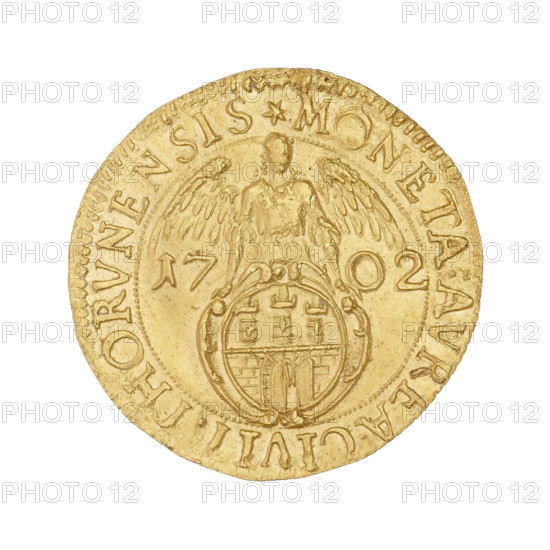Torun ducat, August II the Strong (King of Poland; 1697–1706, 1709–1733; 1670–1733). Obverse: Crowned bust of the king facing right. Legend: AUGUST. II. DGREX.POL.MDLRPEL.S. Reverse: Coat of arms of the city of Torun, on both sides date 17-02, inscription in outer legend: *MONETA: AUREA. CIVIT.THORUNENSIS, 1702. Poland, Torun; coin; diameter 25 mm; weight 3.23 g; axis 30°.