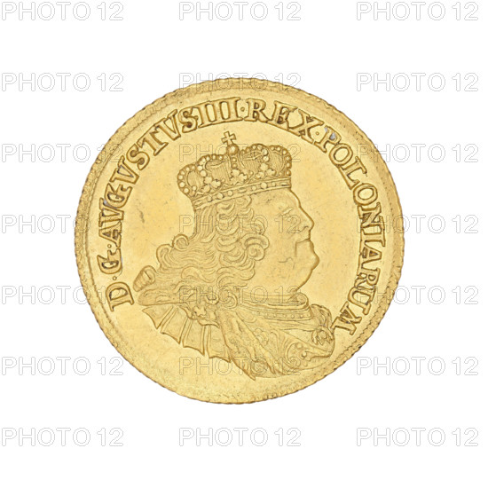 crown ducat, Augustus III Sas (King of Poland; 1733–1763), Croll, Ernest Dietrich (fl. 1753–1763), Augustus III Sas (King of Poland; Elector of Saxony; 1696–1763), Leipzig (Germany), Polish coin, crown. Obv.: Bust of the king in armour with a crown in right profile. Legend: DGAUGUSTUS.III.REX.POLONIARUM. Rev.: Under a crown a five-field shield between palm branches with the Polish, Lithuanian, and Saxon coats of arms. At the bottom the letters EDC. Inscription: SAC.ROM.IMP.ARCHIM. ET ELECT. 1756. Date: 1756. Diameter: 22.0–22.2 mm. Weight: 3.47 g.