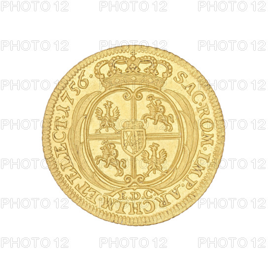 crown ducat, Augustus III Sas (King of Poland; 1733–1763), Croll, Ernest Dietrich (fl. 1753–1763), Augustus III Sas (King of Poland; Elector of Saxony; 1696–1763), Leipzig (Germany), Polish coin, crown. Obv.: Bust of the king in armour and with a crown, right profile. Legend: DGAUGUSTUS.III.REX.POLONIARUM. Rev.: Under the crown a five-field shield, between palm branches, with the Polish, Lithuanian and Saxon coats of arms. At the bottom the letters EDC. Inscription: SAC.ROM.IMP.ARCHIM. ET ELECT. 1756. Date: 1756. Diameter: 22.0–22.2 mm. Weight: 3.47 g.