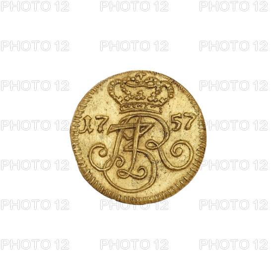 Gdansk shilling in gold, August III Sas (King of Poland; 1733–1763), Oeckermann, Rudolf Ernest (1760–1765), August III Sas (King of Poland; Elector of Saxony; 1696–1763), shilling, Gdansk coat of arms, Polish coin, Obv.: Under the crown the royal monogram A3R, on both sides the date 17-57. Rev.: Three-line inscription SOLID/CIVITAT/GEDAN, below the crowned city coat of arms between two rosettes, 1757. Poland, Gdansk; coin; diameter 16.5 mm; weight 1.44 g.
