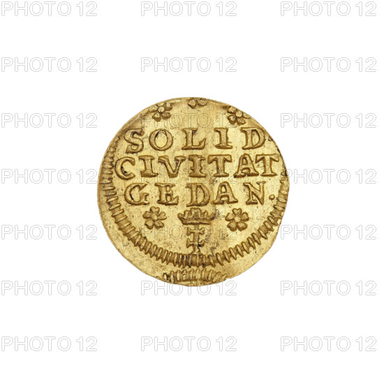 Gdansk shilling in gold, August III Sas (King of Poland; 1733–1763), Oeckermann, Rudolf Ernest (1760–1765), August III Sas (King of Poland; Elector of Saxony; 1696–1763), shilling, Gdansk (coat of arms), Polish coin, crowns. Obverse: under the crown the royal monogram A3R, on both sides the date 17-57. Reverse: three-line inscription SOLID/CIVITAT/GEDAN, below the crowned city coat of arms between two rosettes, 1757. Poland, Gdansk; coin; diameter 16.5 mm; weight 1.44 g.