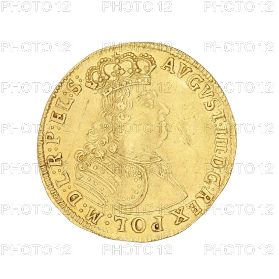 Gdansk ducat, August III Sas (King of Poland; 1733–1763), August III Sas (King of Poland; Elector of Saxony; 1696–1763). Obverse: Crowned bust of the king in armor facing right. Legend: AVGVST:III:D:G:REX POL:M:D:L:R:P:EL:S:. Reverse: Oval coat of arms of Gdansk supported by two lions, above it a wreath with three flowers, inscription in the rim: MON:AUREA CIVITAT:GEDAN: 1734. 1734. Coin from Gdansk, Poland; diameter 23.5 mm; weight 3.43 g; axis 0°.
