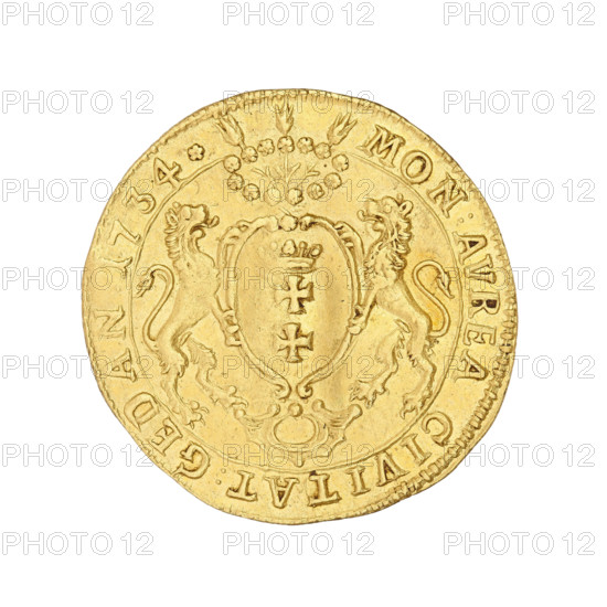 Gdansk ducat, August III Sas (King of Poland; Elector of Saxony; 1696–1763), 1734. Obverse: Crowned bust of the king in armor facing right. Legend: AVGVST:III:D:G:REX POL:M:D:L:R:P:EL:S:. Reverse: Oval coat of arms of Gdansk supported by two lions, above it a wreath with three flowers; inscription in the rim: MON:AUREA CIVITAT:GEDAN:. Coin; diameter 23.5 mm; weight 3.43 g; axis 0°.