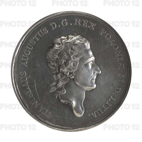 Crown trial thaler, Stanislaw August Poniatowski (King of Poland; 1764–1795). Engraver: Johann Philip Holzhaeusser (1731/1741–1792). Mintmaster: Justyn Schröder (Warsaw Mint 1768–1772). Trial coin, Crown coin. Subject/iconography: portraits of ruler, maxims, scales. Obverse: Head of Stanislaw August turned right; inscription STANISLAUS … AUGUSTUS D G REX POLONIAE MDLITU, continuous border; engraver signature at neck: IPH. Reverse: Libra; semicircular inscription DAT IUSTI PRETIUM; date 1771 below line; continuous border. Date: 1771. Place: Warsaw, Polish–Lithuanian Commonwealth (1569–1795). Medium: coin; mint hallmark. Diameter: 40.4–40.5 mm. Weight: 28.12 g.
