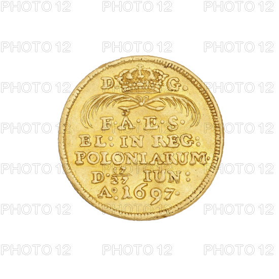 Ducat minted to commemorate the election of the king, August II the Strong (King of Poland; 1697–1706, 1709–1733), Omeis, Martin Heinrich (1650–1703). Obverse: At the top a crown, on its sides the letters DG. Below the crown crossed palm branches and an inscription in five lines: F.AES / EL: IN REG: / POLONIARUM/ D.17/27 IUN: /A:1697. Reverse: Rider with a baton on a horse galloping to the right. At the bottom left, the letter O. 1697. Saxony (Dresden), coin; diameter 19.7–20 mm; weight 3.41 g.