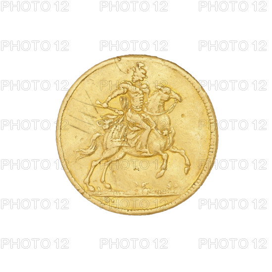 Ducat minted to commemorate the election of King August II the Strong (King of Poland; 1697–1706, 1709–1733). Maker: Martin Heinrich Omeis (1650–1703). Obverse: At the top a crown with letters D G on its sides; below the crown crossed palm branches and an inscription in five lines: F.AES / EL: IN REG: / POLONIARUM / D.17 / 27 IUN: / A:1697. Reverse: Rider with a baton on a horse galloping to the right; at the bottom left, the letter O. Date: 1697. Place: Saxony, Dresden. Object: coin (ducat). Diameter: 19.7–20 mm. Weight: 3.41 g.
