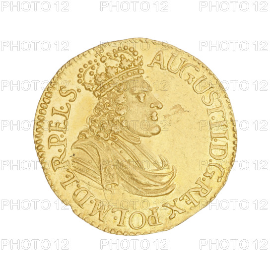 Gdansk ducat, Augustus II the Strong (King of Poland; 1697–1706, 1709–1733), Augustus II the Strong (King of Poland; 1670–1733). Obverse: Crowned bust of Augustus II, turned right; in the rim an inscription divided at the top by a crown: AVGVST.II.DGREX POL.MDLRPEL.S. Reverse: In the circumference a shield with the coat of arms of Gdansk held by lions, under the shield a decorative base, above the shield a wreath with three flowers dividing at the top a rim inscription: MON.AUREA CIVITAT.GEDAN.1698. Date: 1698. Material: coin. Weight: 3.46 g. Location: Gdansk, Poland.