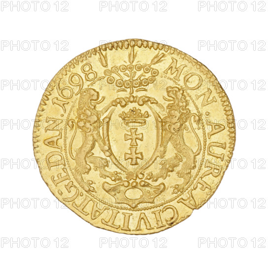 Gdansk ducat, Augustus II the Strong (King of Poland; 1697–1706, 1709–1733), 1698. Obverse: Crowned bust of Augustus II, turned right; rim inscription divided at the top by a crown: AVGVST.II.DGREX POL.MDLRPEL.S. Reverse: In the circumference a shield with the coat of arms of Gdansk held by lions, under the shield a decorative base, above the shield a wreath with three flowers dividing at the top a rim inscription: MON.AUREA CIVITAT.GEDAN.1698. Coin, weight 3.46 g.