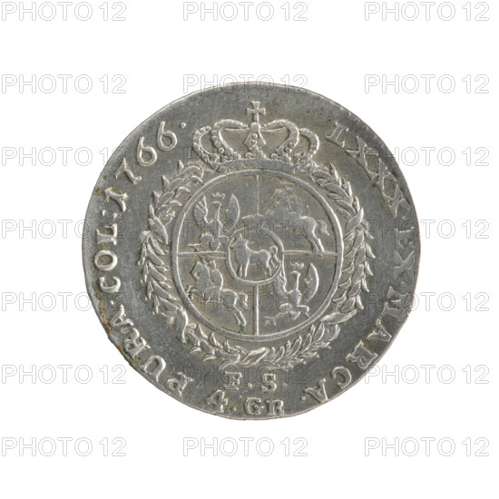 Gold crown coin, 1766. Obv.: Head of Stanislaw August Poniatowski, inscription around the rim 'STANISLAUS AUG.DGREX POL.MDL', pearl border. Rev.: Under a crown, in a wreath, a round five-field heraldic shield with coats of arms of Poland (Eagle), Lithuania (Pogon) and the Poniatowski family (Ciolek); below the letters 'FS' and '4.GR', around it an inscription divided by a crown 'LXXX.EX.MARCA.-PURA.COL:1766', pearl border; diagonally ribbed edge. Portraiture and heraldic iconography; maker: Sylm, Frederick (1765–1767). Polish-Lithuanian Commonwealth (1569–1795), Warsaw. Coin; diameter ~27.4–27.5 mm, weight 5.34 g.