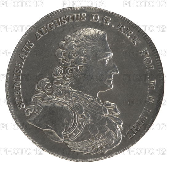 Crown thaler, Sylm, Fryderyk (1765–1767). Obverse: Bust of Stanislaw August Poniatowski in armour and with the Order of the White Eagle, turned right, around the inscription divided at the bottom: STANISLAUS AUGUSTUS DG REX POL. MD. LITHU. — pearl border. Reverse: Under a crown, in a wreath entwined with a sash with the motto PRO FIDE - LEGE, a round five-field coat of arms with the coats of arms of Poland (Orzel), Lithuania (Pogon) and the Poniatowski coat of arms (Ciolek); below on the sash the Order of the White Eagle, flanked by the letters F. - S., around the inscription divided twice: X EX MARCA PURA. - COLONIEN 1766 — pearl border; decorative edge. 1766. Polish–Lithuanian Commonwealth (1569–1795). Coin; diam. 42.4–43.7 mm; weight 28.00 g.
