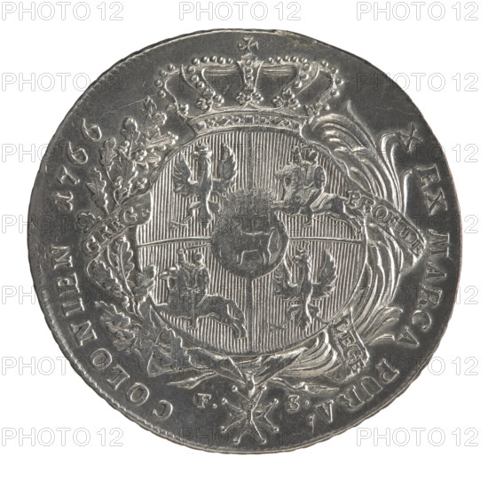 Crown thaler, Sylm, Fryderyk (1765–1767); Stanislaw August Poniatowski (King of Poland; 1732–1798). Obverse: Bust of Stanislaw August in armour wearing the Order of the White Eagle, turned right; legend divided at bottom: STANISLAUS AUGUSTUS DG REX POL. MD LITHU.; pearl border. Reverse: Under a crown, a round five-field coat of arms (Poland — Orzel; Lithuania — Pogon; Poniatowski — Ciolek) within a wreath entwined with a sash bearing the motto PRO FIDE — LEGE — and the Order of the White Eagle; letters F. — S. at sides; legend divided twice: X EX MARCA PURA. — COLONIEN 1766; pearl border; decorative edge. 1766; Polish–Lithuanian Commonwealth (1569–1795). Coin: diameter 42.4–43.7 mm; weight 28.00 g.