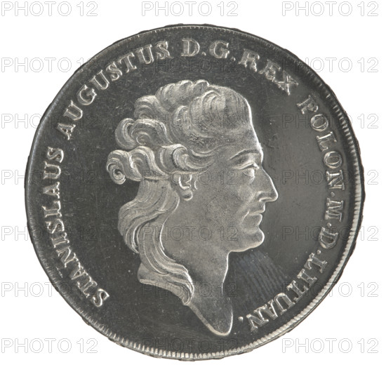 Crown thaler, Brenn, Efraim (mint master; 1741–1792); Stanislaw August Poniatowski (King of Poland; 1764–1795), portrait; 1784. Obverse: Head of Stanislaw August turned right, around the inscription divided at the bottom: STANISLAUS AUGUSTUS DG REX POLON. MD LITUAN. — pearl border. Reverse: Under a crown, in a wreath entwined with a sash with the motto PRO FIDE — LEGE — ET — GREGE, a round five-field coat of arms with the coats of arms of Poland (Orzel), Lithuania (Pogon) and the Poniatowski coat of arms (Ciolek); below on the sash the Order of the White Eagle; on the sides the letters E. — B.; around the inscription divided twice: X EX MARCA PURA — COLONIEN. 1784. — pearl border. Inscription on the edge: FIDEI — PUBLIC, E — PIGNUS — , 1784. Polish–Lithuanian Commonwealth (1569–1795). Coin; diameter 40.5 mm; weight 28.03 g.