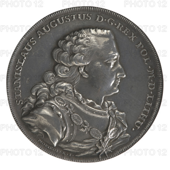 Trial Crown thaler of Stanislaw August Poniatowski (King of Poland; 1764–1795), by Johann Kaspar Mörikofer (1738–1800). Obverse: Bust of Stanislaw August in armor wearing the Order of the Golden Fleece, turned right; legend divided at the bottom: STANISLAUS AUGUSTUS DG REX POL. M. D. LITHU.; signature MORIKOFFER.F.; pearl border. Reverse: Under a crown, a wreath entwined with a sash bearing the motto PRO FIDE - LEGE - ET - GREGE, with a round five-field coat of arms showing Poland (Orzel), Lithuania (Pogon) and the Poniatowski coat of arms (Ciolek); the sash bears the Order of the White Eagle; legend double-divided: TALERUS POLONICUS - LXXXV.FLOR.POL.MARCA MDCC - LXV.; pearl border; smooth edge. Minted 1765, Polish–Lithuanian Commonwealth (1569–1795), Warsaw. Coin: diameter ~42.4–42.7 mm, weight 29.28 g.