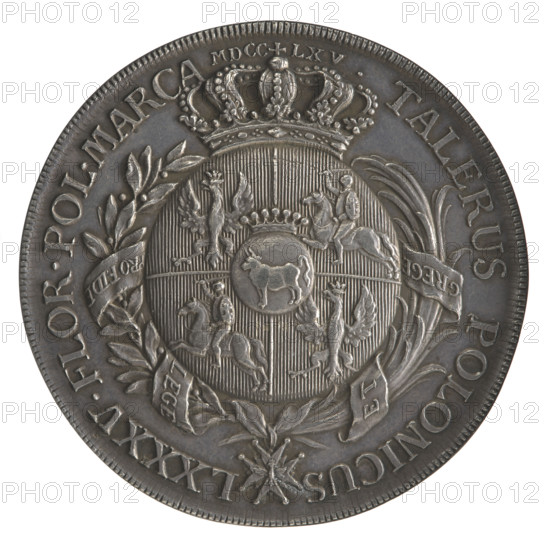 Trial Crown thaler, Stanislaw August Poniatowski (King of Poland; 1764–1795), Mörikofer, Johann Kaspar (1738–1800). Obverse: Bust of Stanislaw August in armor wearing the Order of the Golden Fleece, turned right; legend STANISLAUS AUGUSTUS DG REX POL. MD LITHU.; signature MORIKOFER.F.; pearl border. Reverse: Under a crown, within a wreath entwined with a sash bearing the motto PRO FIDE - LEGE - ET - GREGE, a round five-field coat of arms with Poland (Orzel), Lithuania (Pogon) and the Poniatowski (Ciolek) arms; on the sash the Order of the White Eagle; legend TALERUS POLONICUS - LXXXV.FLOR.POL.MARCA MDCC - LXV.; pearl border; smooth edge. 1765. Polish–Lithuanian Commonwealth. Warsaw, Poland. Coin; diameter ~42.4–42.7 mm; weight 29.28 g.