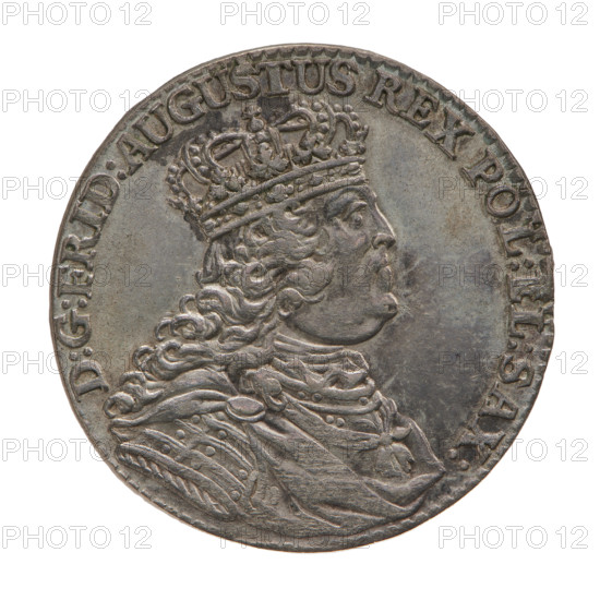 Crown zloty trial - XXX groszy, Augustus III Sas (King of Poland; 1733–1763). Bust of the king in right profile, Order of the Golden Fleece hanging around his neck. Legend: D:G:FRID:AUGUSTUS REX POL: EL: SAX:. Inscription in four rows surrounded by laurel branches tied at the bottom with a ribbon: XXX/GROS:REG:/POLON:/1762. 1762. Poland, Leipzig. Coin, diameter 25.5 mm, weight 5.04 g.