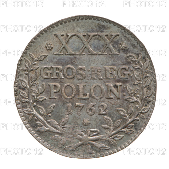 Crown zloty trial - XXX groszy, Augustus III Sas (King of Poland; 1733–1763). Bust of the king in right profile, Order of the Golden Fleece hanging around his neck. Legend: D:G:FRID:AUGUSTUS REX POL: EL: SAX:. Inscription in four rows surrounded by laurel branches tied at the bottom with a ribbon: XXX/GROS:REG:/POLON:/1762. 1762. Poland, Leipzig. Coin; diameter 25.5 mm; weight 5.04 g.
