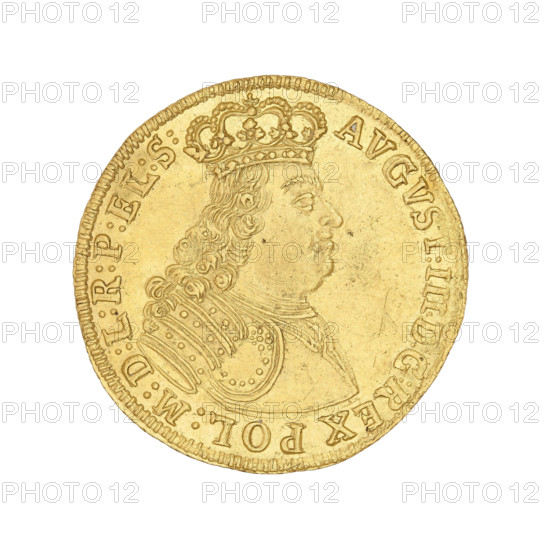 Gdansk ducat, August III Sas (King of Poland; 1733–1763). Obverse: Crowned bust of August III, turned right; rim inscription divided at top by a crown: AVGVST:III:D:G:REX POL:M:D:L:R:P:EL:S:-. Reverse: Shield with the coat of arms of Gdansk held by lions, decorative base below, wreath with three flowers above the shield dividing the rim inscription: MON:AVREA CIVITAT:GEDAN:1734*-; dated 1734. Coin; diameter 24 mm; weight 3.48 g; axis 0°; struck in Gdansk, Poland.
