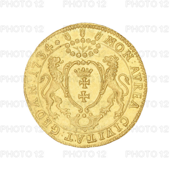 Gdansk ducat, August III Sas (King of Poland; 1733–1763). Obverse: Crowned bust of August III, turned right; rim inscription divided at the top by a crown: 'AVGVST:III:D:G:REX POL:M:D:L:R:P:EL:S:'. Reverse: Shield with the coat of arms of Gdansk held by lions, decorative base at bottom, above the shield a wreath with three flowers, dividing the rim inscription: 'MON:AVREA CIVITAT:GEDAN:1734*-'. Date: 1734. Coin (ducat), diameter 24 mm, weight 3.48 g, axis 0°. Materials: metal (coin). Style: Polish coinage; maker: August III Sas (issuer).