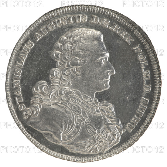 crown thaler, Sylm, Fryderyk (1765–1767), Stanislaw August Poniatowski (king of Poland; 1764–1795). Obverse: Bust of Stanislaw August in armour and with the Order of the White Eagle, turned to the right, around the inscription divided at the bottom: STANISLAUS AUGUSTUS DG REX POL. MD LITHU. — pearl border. Reverse: Under a crown, in a wreath entwined with a sash with the motto PRO FIDE · LEGE · ET · GREGE, a round five-field coat of arms with the coats of arms of Poland (Orzel), Lithuania (Pogon) and the Poniatowski coat of arms (Ciolek); below on the sash the Order of the White Eagle, on the sides the letters F · S, around the inscription divided twice: X EX MARCA PURA · COLONIEN 1766 — pearl border; decorative edge. 1766. Polish–Lithuanian Commonwealth (1569–1795). Coin: diameter 43.0–44.0 mm, weight 27.98 g.