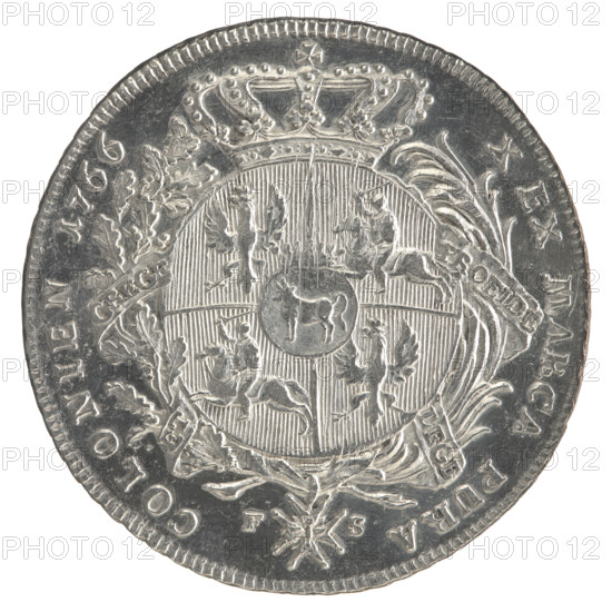 crown thaler, Sylm, Fryderyk (1765–1767), Stanislaw August Poniatowski (king of Poland; 1764–1795). Obverse: Bust of Stanislaw August in armour and with the Order of the White Eagle, turned to the right; around, inscription divided at the bottom: STANISLAUS AUGUSTUS DG REX POL. MD LITHU. — pearl border. Reverse: Under a crown, in a wreath entwined with a sash bearing the motto PRO FIDE - LEGE - ET - GREGE, a round five-field coat of arms with the coats of arms of Poland (Orzel), Lithuania (Pogon), and the Poniatowski coat of arms (Ciolek); below on the sash the Order of the White Eagle; on the sides the letters F - S; around, inscription divided twice: X EX MARCA PURA - COLONIEN 1766 — pearl border; decorative edge. 1766. Polish–Lithuanian Commonwealth (1569–1795), Warsaw, Poland. Coin: diameter 43.0–44.0 mm; weight 27.98 g.