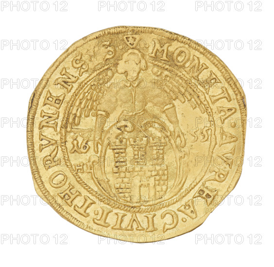 Torun ducat, John II Casimir Vasa (King of Poland; 1648–1668), maker: Hans Dawid Lauer (1649–1669). Reverse: crowned bust in right profile, inscription around the rim: IOAN.CAS.D:DRPOL.ET.SVEC.MDLRPR. Obverse: coat of arms of the city of Torun; on the sides: 16-55, below: H; inscription: (minter's mark) .MONETA.AVREA.CIVIT.THORVNENSIS. Dated 1655. Poland, Torun. Coin; weight 3.43 g; axis 340°.