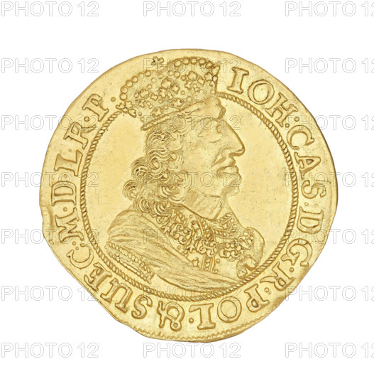 Gdansk ducat; maker: Daniel Lesse (1656–1685); issued under John II Casimir Vasa (King of Poland, 1648–1668); obverse: bust of the king with a crown, right profile, wearing a chain with the Order of the Golden Fleece; rope rim inscription: IOH:CAS:DGRPOL.& SUEC..MDLRP; reverse: Gdansk coat of arms held by two lions, above a branch surrounded by a wreath, below a cartouche dividing the letters D-L; corded rim inscription: MON.AUREA CIVITAT.GEDANENS.1660.; date: 1660; place: Gdansk, Poland; medium: coin; weight: 3.37 g.