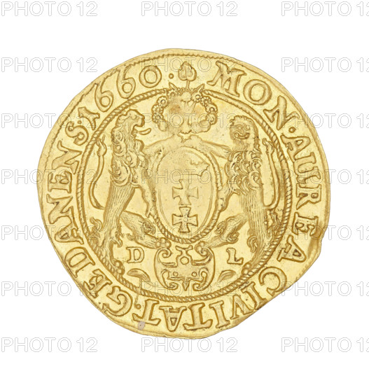Gdansk ducat, Lesse, Daniel (1656–1685), John II Casimir Vasa (King of Poland; 1648–1668). Obverse: bust of the king with a crown, in right profile, on the chest a chain with the Order of the Golden Fleece; in the rope rim the inscription IOH:CAS:DGRPOL.& SUEC..MDLRP. Reverse: Gdansk coat of arms held by two lions, on top a branch surrounded by a wreath, at the bottom a cartouche dividing the letters D–L, inscription in the corded rim MON.AUREA CIVITAT.GEDANENS.1660. 1660. Poland, Gdansk. Coin, weight 3.37 g.