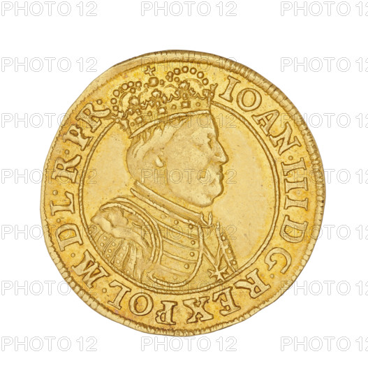 Gdansk ducat, John III Sobieski (King of Poland; 1674–1696). Obverse: crowned bust in right profile, in armor; inscription around the rim: IOAN.III DG.REX POL.MDLRPR. Reverse: Gdansk coat of arms supported by two lions, a wreath of flowers at the top, a cartouche at the bottom; inscription around the rim: MON.AUREA.CIVITAT.GEDAN*1688. Date: 1688. Poland, Gdansk. Coin; diameter 24 mm; weight 3.44 g.