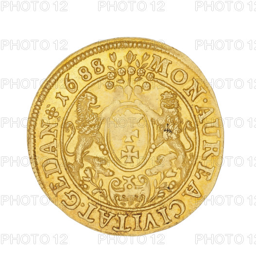 Gdansk ducat, John III Sobieski (King of Poland; 1674–1696), John III Sobieski (King of Poland; 1629–1696). Obverse: crowned bust in right profile, in armor, inscription around the rim: IOAN.III DG.REX POL.MDLRPR. Reverse: Gdansk coat of arms supported by two lions, at the top a wreath of flowers, at the bottom a cartouche, inscription around the rim: MON.AUREA.CIVITAT.GEDAN*1688. 1688. Poland, Gdansk. Coin; diameter 24 mm; weight 3.44 g.