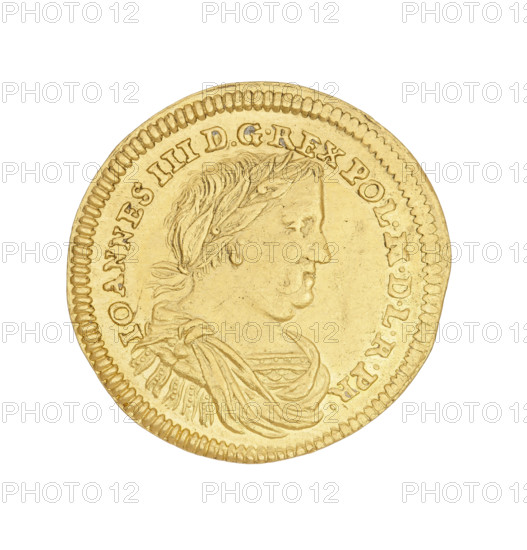 Gdansk ducat, John III Sobieski (King of Poland; 1674–1696), Lesse, Daniel (1656–1685), John III Sobieski (King of Poland; 1629–1696). Obverse: bust in a laurel wreath, around the inscription IOANNES III D G REX POL. MDL RPR. Reverse: coat of arms of the city of Gdansk, below the Lewart coat of arms in a cartouche, on both sides of the DL in the rim the inscription MON AUREA CIVITAT. GEDANENSIS 1676. 1676. Polish coin, Gdansk; diameter 22 mm; weight 3.48 g; axis 0°.