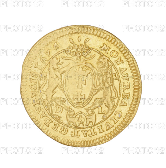 Gdansk ducat, John III Sobieski (King of Poland; reign 1674–1696); maker: Daniel Lesse (1656–1685). Obverse: bust in a laurel wreath with inscription IOANNES III D G REX POL. MDL RPR. Reverse: coat of arms of the city of Gdansk, below the Lewart coat of arms in a cartouche; on both sides of the DL in the rim the inscription MON AUREA CIVITAT GEDANENSIS 1676. Date: 1676. Material: coin; diameter 22 mm; weight 3.48 g; axis 0°.