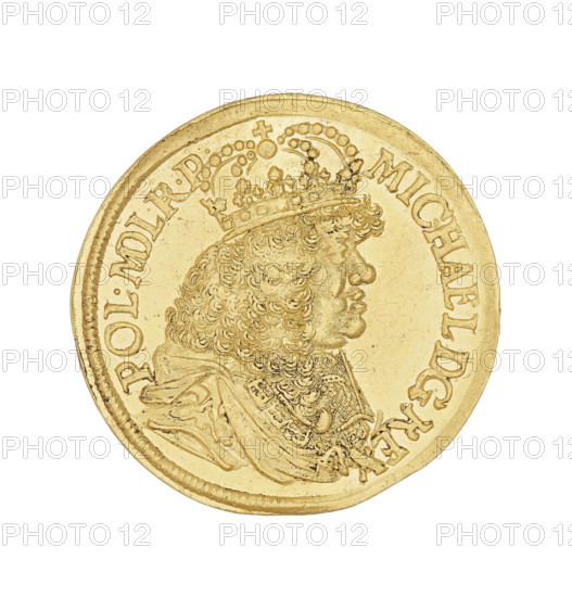 Gdansk ducat by Daniel Lesse (1656–1685), 1673. Obverse: crowned bust in right profile wearing the Order of the Golden Fleece on a decorative chain, with inscription 'MICHAEL DG REX-POL.MDL.RP'. Reverse: coat of arms of the city of Gdansk, mintmark 'DL' at the bottom; rim inscription 'MON.AUREA CIVITAT.GEDANENS.1673'. Subject: Michal Korybut Wisniowiecki (King of Poland, 1669–1673; b.1640–d.1673). Silver coin, Gdansk, Poland; weight 3.43 g.