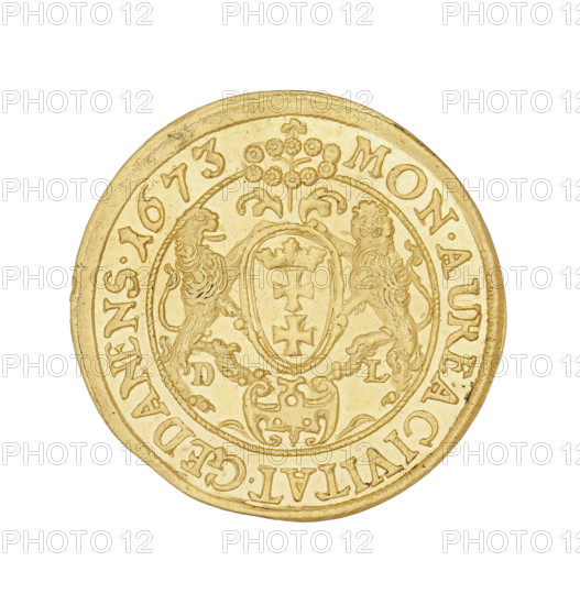 Gdansk ducat, Lesse, Daniel (1656-1685), Michal Korybut Wisniowiecki (King of Poland; 1669–1673), Michal Korybut Wisniowiecki (King of Poland; 1640–1673), Gdansk (Pomeranian Voivodeship), Polish coin. Obv.: crowned bust in right profile, on the chest on a decorative chain the Order of the Golden Fleece, around the inscription: MICHAEL DG REX-POL.MDL.RP. Rev.: coat of arms of the city of Gdansk, in the rim the inscription: MON.AUREA CIVITAT.GEDANENS.1673. Date: 1673. Weight: 3.43 g.