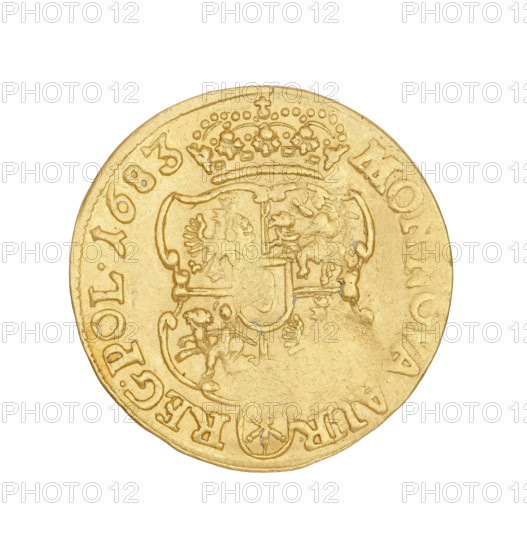 Crown ducat, Jan III Sobieski (King of Poland; 1629–1696), 1683. Obverse: bust in a laurel wreath, right profile, around the inscription IOAN III DG.REX POL.MDLRP. Reverse: five-field shield under a crown, at the bottom the Jelita coat of arms, around the inscription MON NOVA AUR.-REG.POL.1683. Coin (Poland, Bydgoszcz), weight 3.47 g.