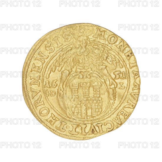 Torun ducat, John II Casimir Vasa (King of Poland; 1648–1668). Maker: Hans Dawid Lauer (1649–1669). Iconography: obverse—bust of the king with a crown in right profile, rim inscription 'IOAN.CAS.D:GRPOL.ET.SVEC.MDLRPRV'; reverse—coat of arms of the city of Torun, on both sides '16-51 / HD-L', rim inscription 'MONETA, AVREA.CIVIT.THORVNENSIS, 1651'. Material: coin (ducat). Place/date: Torun, Poland, 1651. Diameter 24.5 mm; weight 3.37 g; axis 340°.