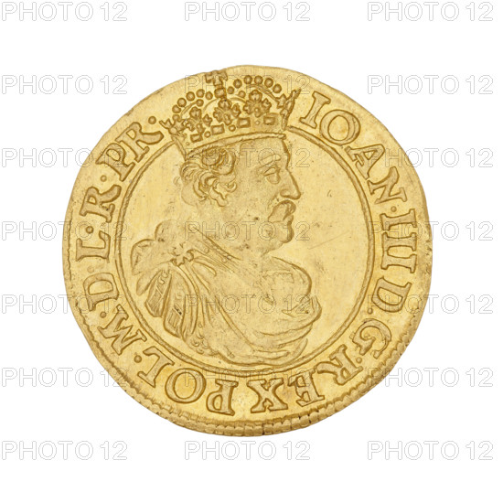 Gdansk ducat, John III Sobieski (King of Poland; 1674–1696), John III Sobieski (King of Poland; 1629–1696). Gdansk (Pomeranian Voivodeship). Polish coin. Obverse: bust in crown in right profile in Roman costume, inscription: IOAN.III DGREX POL.MDLRPR. Reverse: oval shield of the coat of arms of Gdansk supported by two lions, at the top a wreath with flowers; at the bottom mint mark; inscription: MON.AUREA CIVITAT.GEDAN.1692. Date: 1692. Coin; diameter 24 mm; weight 3.48 g; axis 0°.