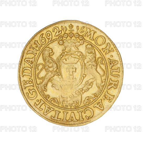Gdansk ducat, John III Sobieski (King of Poland; 1674–1696), John III Sobieski (King of Poland; 1629–1696), Gdansk (Pomeranian Voivodeship), Polish coin. Obverse: bust in crown in right profile in Roman costume, inscription: IOAN.III DGREX POL.MDLRPR. Reverse: oval shield of the coat of arms of Gdansk supported by two lions, at the top a wreath with flowers; at the bottom mint mark; inscription: MON.AUREA CIVITAT.GEDAN.1692. Date: 1692. Coin, dia. 24 mm, weight 3.48 g, axis 0°.