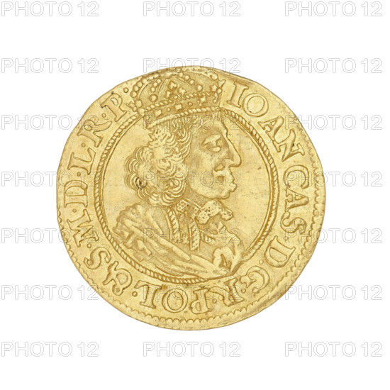 Gdansk ducat, John II Casimir Vasa (King of Poland; 1648–1668), maker: Gerhard Rogge (fl. 1639–1657). Obverse: bust of the king with a crown, right profile, lace collar, Order of the Golden Fleece on the chest, double rim line and inscription 'IOAN CAS.DGRPOL.& S.MDLRP'. Reverse: Gdansk coat of arms held by two lions, branch surrounded by a wreath above, cartouche at bottom with '1651' dividing the letters 'GR'; inscription around the rim 'MON.AUREA CIVITAT.GEDANENS.' Date: 1651. Poland, Gdansk. Coin; diameter 22.8–23 mm, weight 3.47 g.