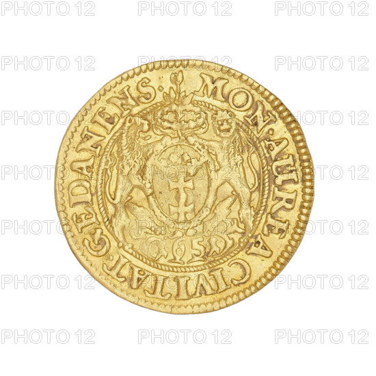 Gdansk ducat, John II Casimir Vasa (King of Poland; 1648–1668), maker: Gerhard Rogge (fl. 1639–1657). Obverse: bust of the king with a crown, right profile, lace collar, Order of the Golden Fleece on the chest, double rim line and inscription IOAN CAS.DGRPOL.& S.MDLRP. Reverse: Gdansk coat of arms held by two lions, branch surrounded by a wreath above, cartouche at bottom with 1651 dividing the letters GR; inscription MON.AUREA CIVITAT.GEDANENS. Date: 1651. Medium: coin (ducat). Dimensions: diameter 22.8–23 mm; weight 3.47 g.